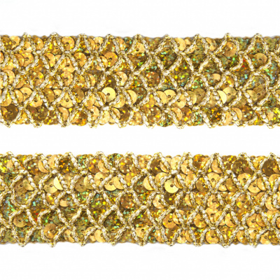Тесьма с пайетками D16, шир. 35 мм/уп. 25+/-1 м, цвет золото - купить в Железногорске. Цена: 1 281.60 руб.